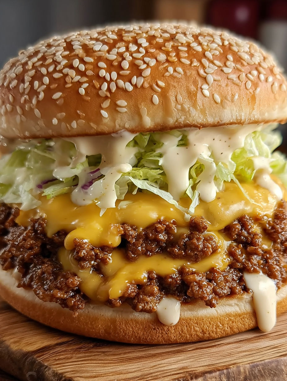 A sloppy joe sandwich with lettuce and cheese.