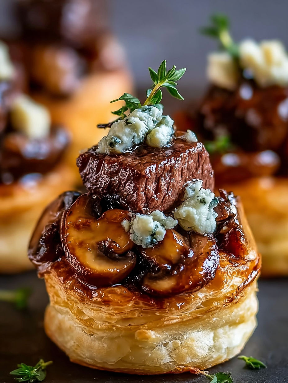 A close up of a beef wellington bite with blue cheese on top.