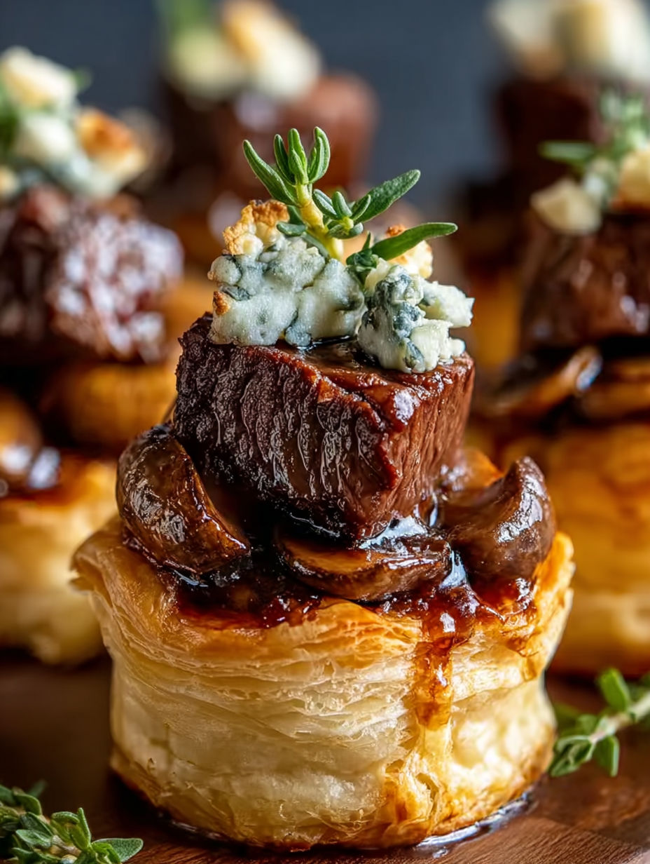 Mini beef wellington bites with blue cheese.