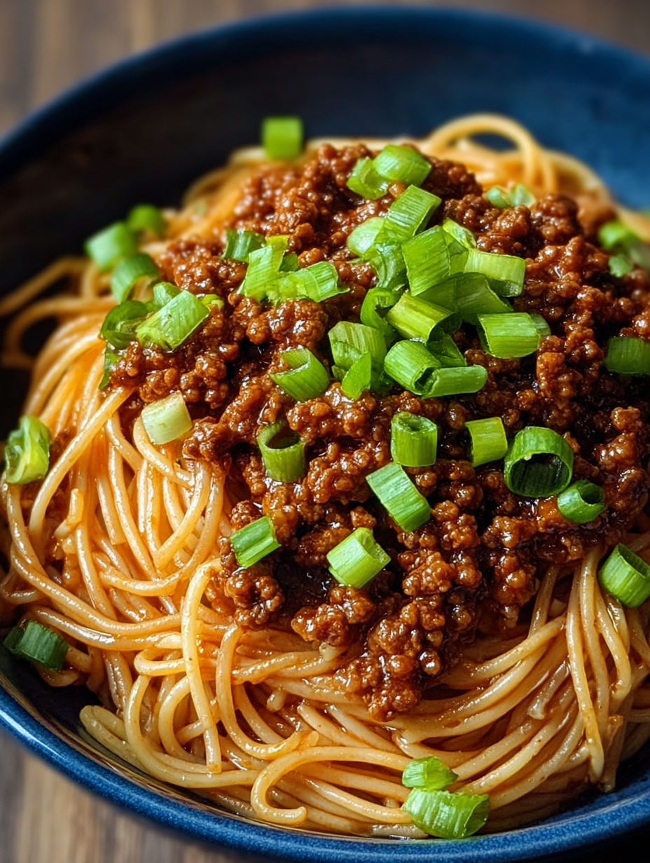 A bowl of Asian ground beef noodles.