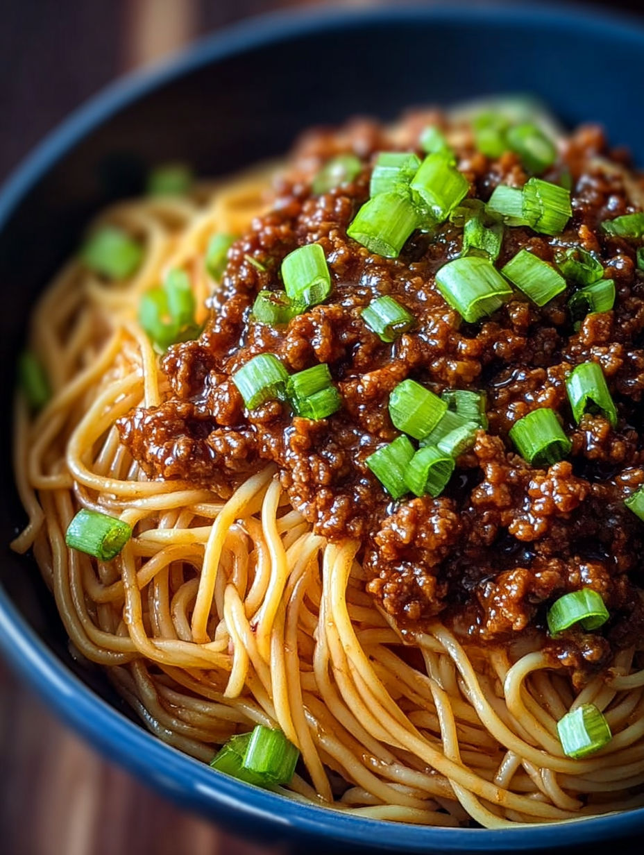 A bowl of Asian ground beef noodles.