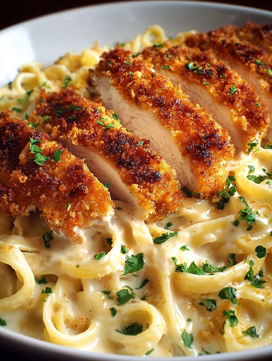 A plate of fettuccine alfredo with chicken on top.