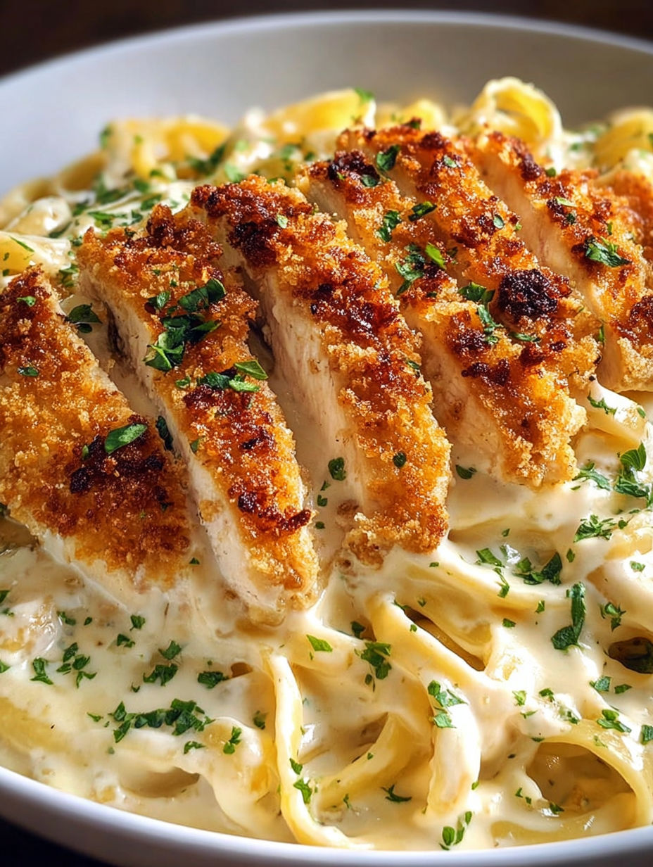 A delicious meal of chicken fettuccine alfredo.