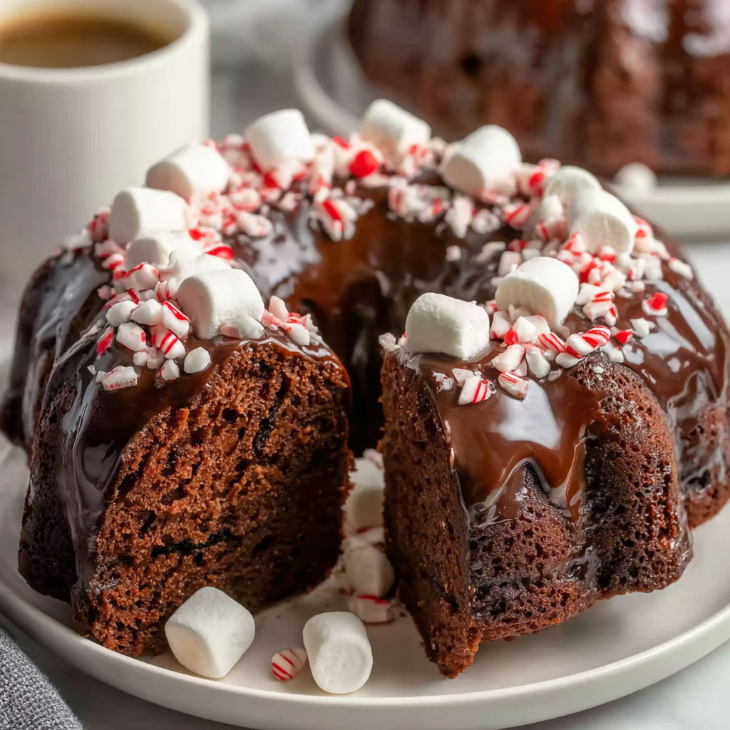 A slice of peppermint hot chocolate cake.