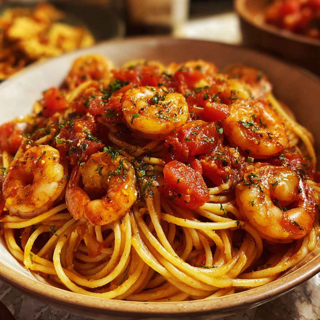 A bowl of spaghetti with garlic, tomatoes, and shrimp.