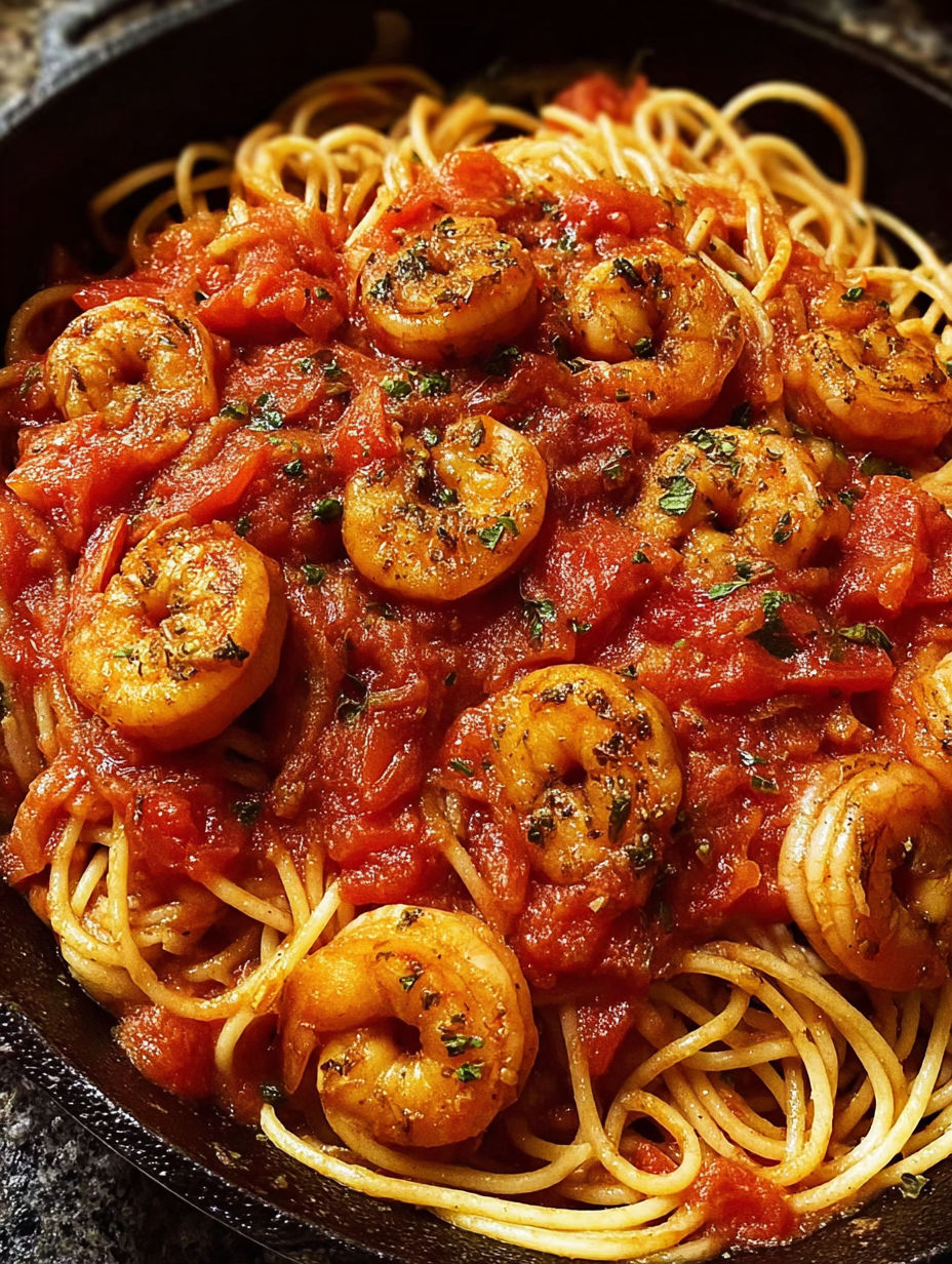 A bowl of spaghetti with garlic, tomato, and shrimp.
