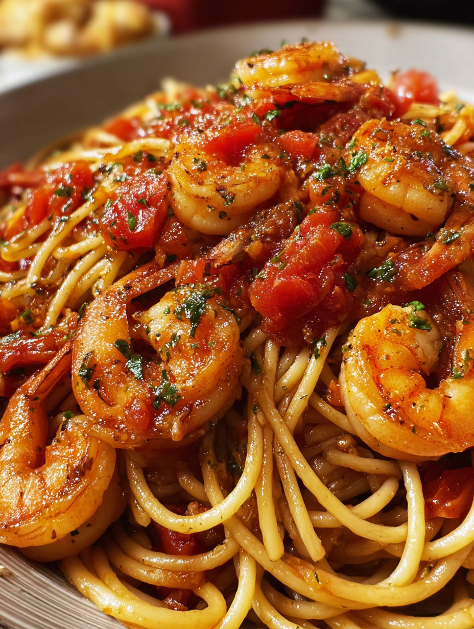 Spaghetti with garlic, tomatoes, and shrimp.
