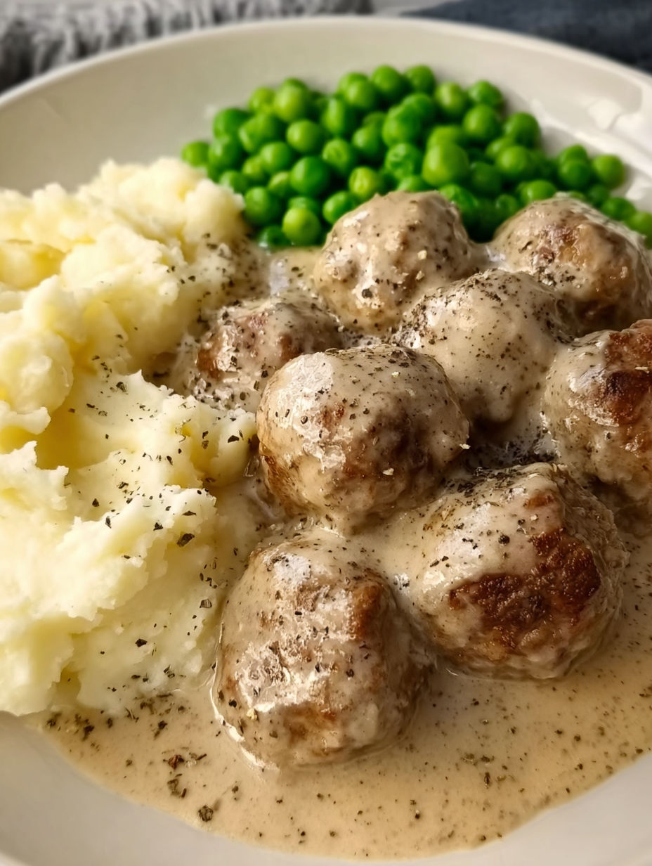 A plate of Swedish meatballs with peas and potatoes.