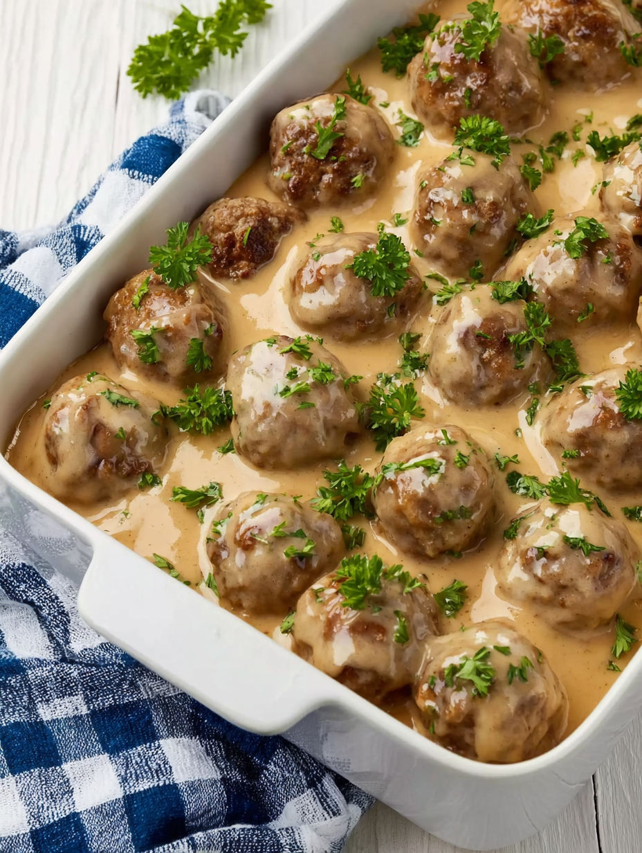 A white bowl filled with Swedish meatballs.