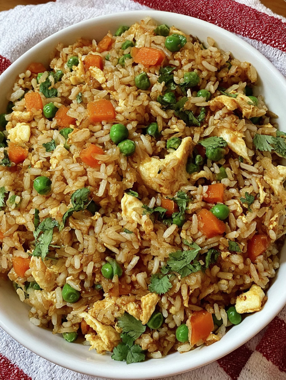 A bowl of rice with peas and carrots.