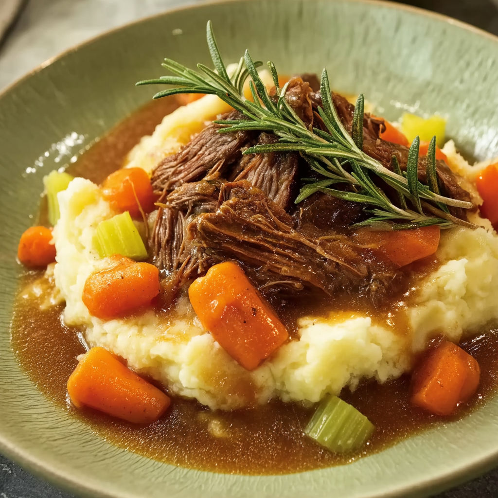 A plate of food with a goat on top.