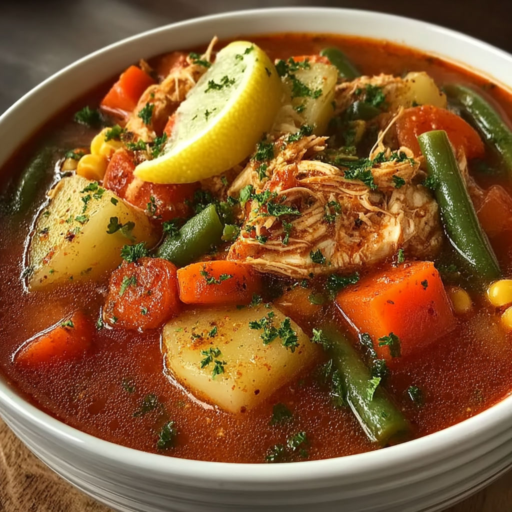 A bowl of soup with chicken, potatoes, carrots, and green beans.
