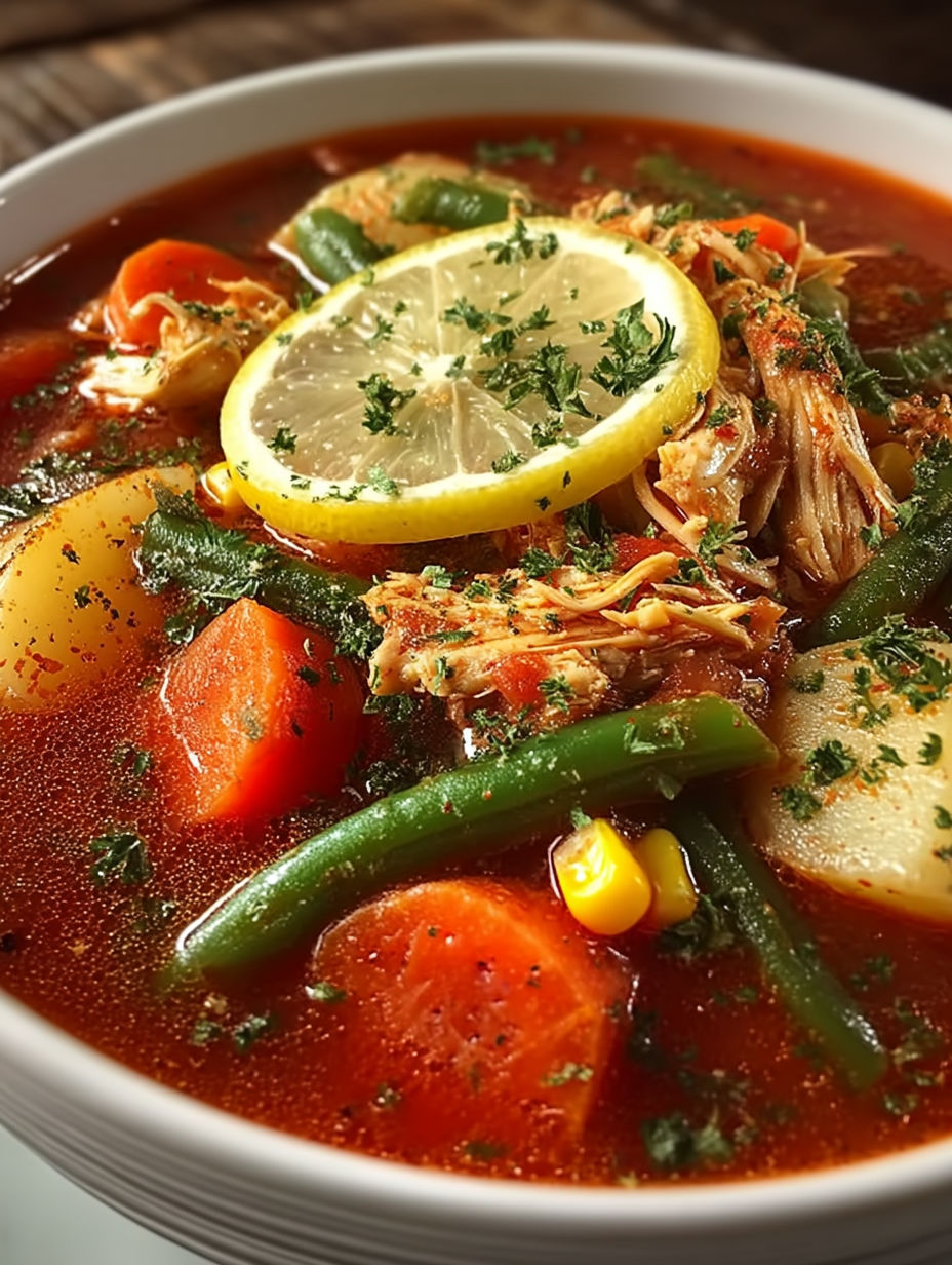 A bowl of Maryland Crab Vegetable Soup with a lemon wedge on top.