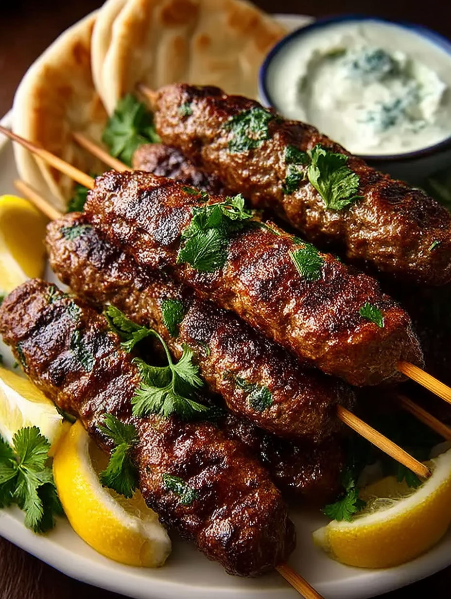 Lamb kofte with yogurt dressing.