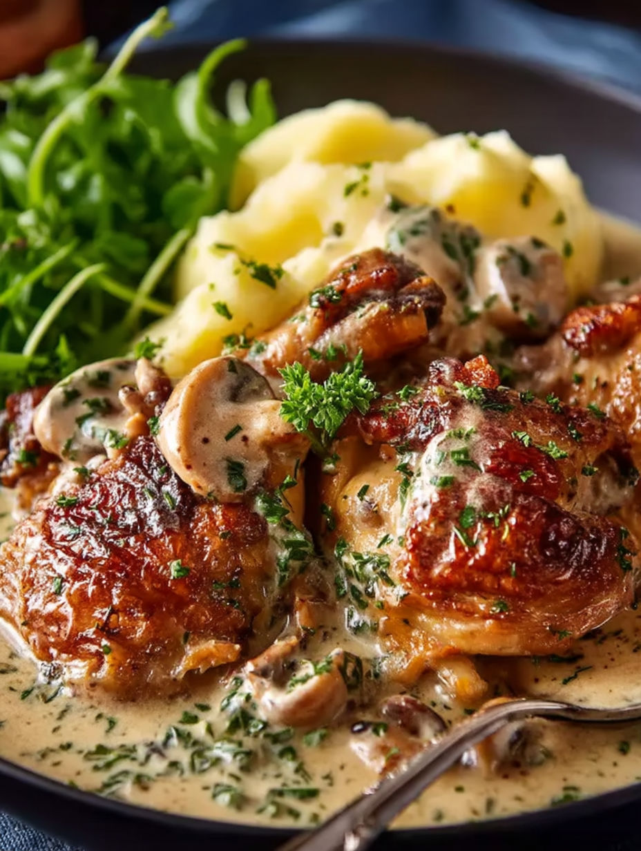 A plate of chicken fricassee with mushrooms and potatoes.