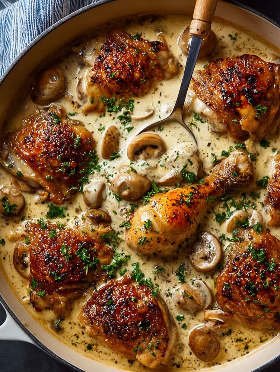 Chicken Fricassée with mushrooms and herbs.