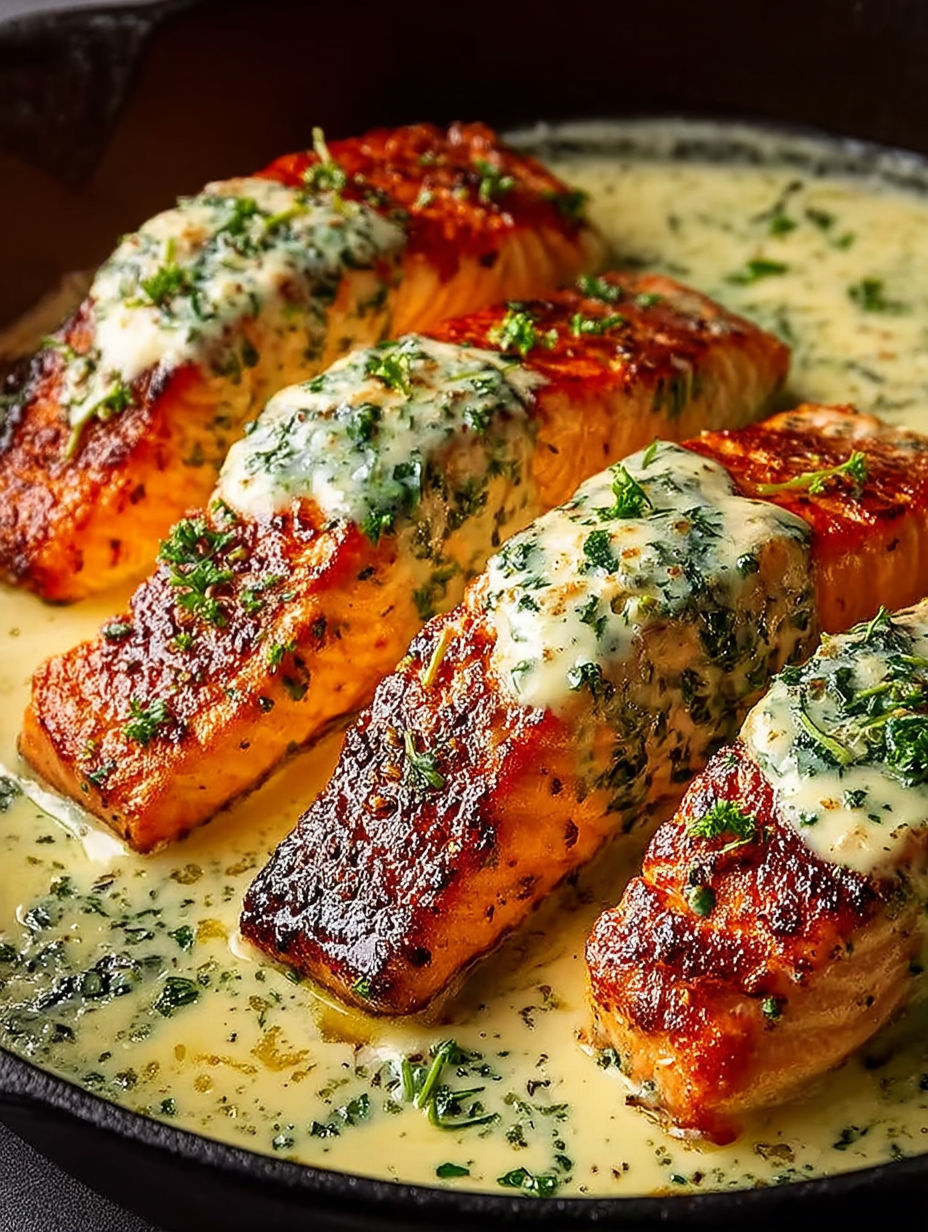 Salmon with herb and garlic cream sauce.
