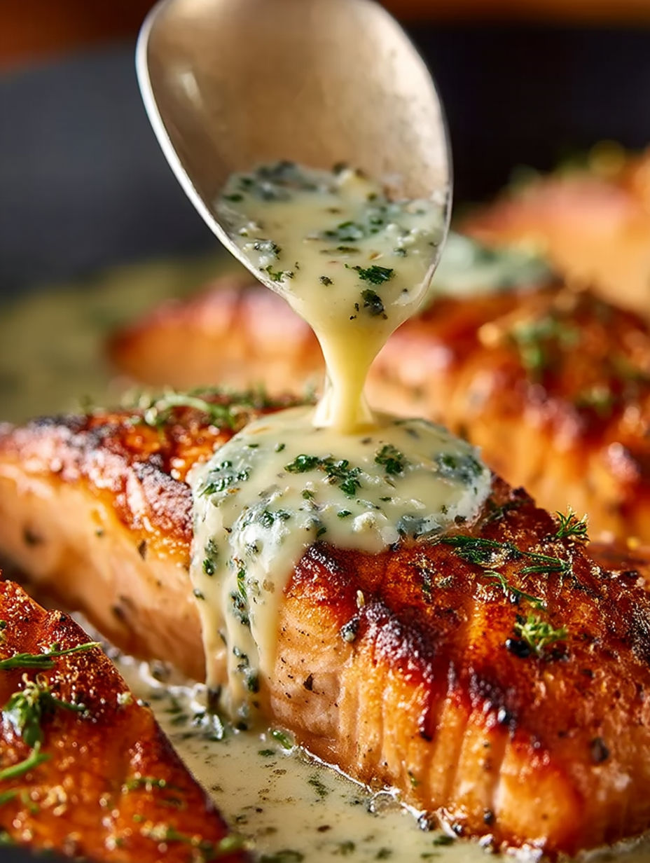 A piece of salmon with herb and garlic cream sauce drizzled on top.