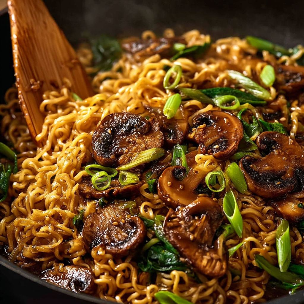 A bowl of Asian mushroom ramen noodles.