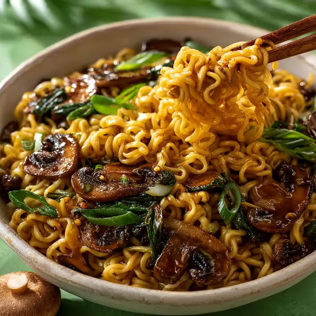 A bowl of noodles with mushrooms and vegetables.