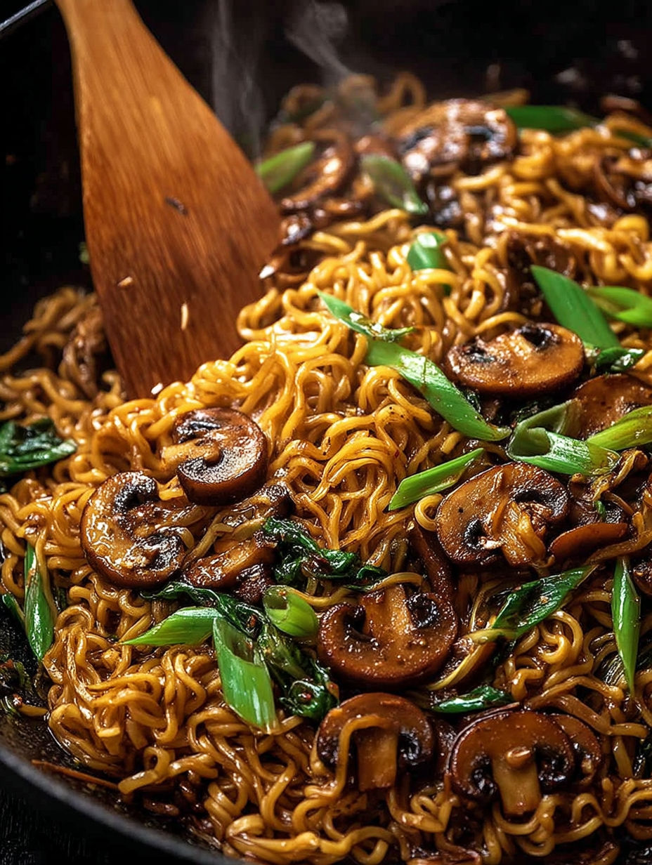 A bowl of noodles with mushrooms and green onions.