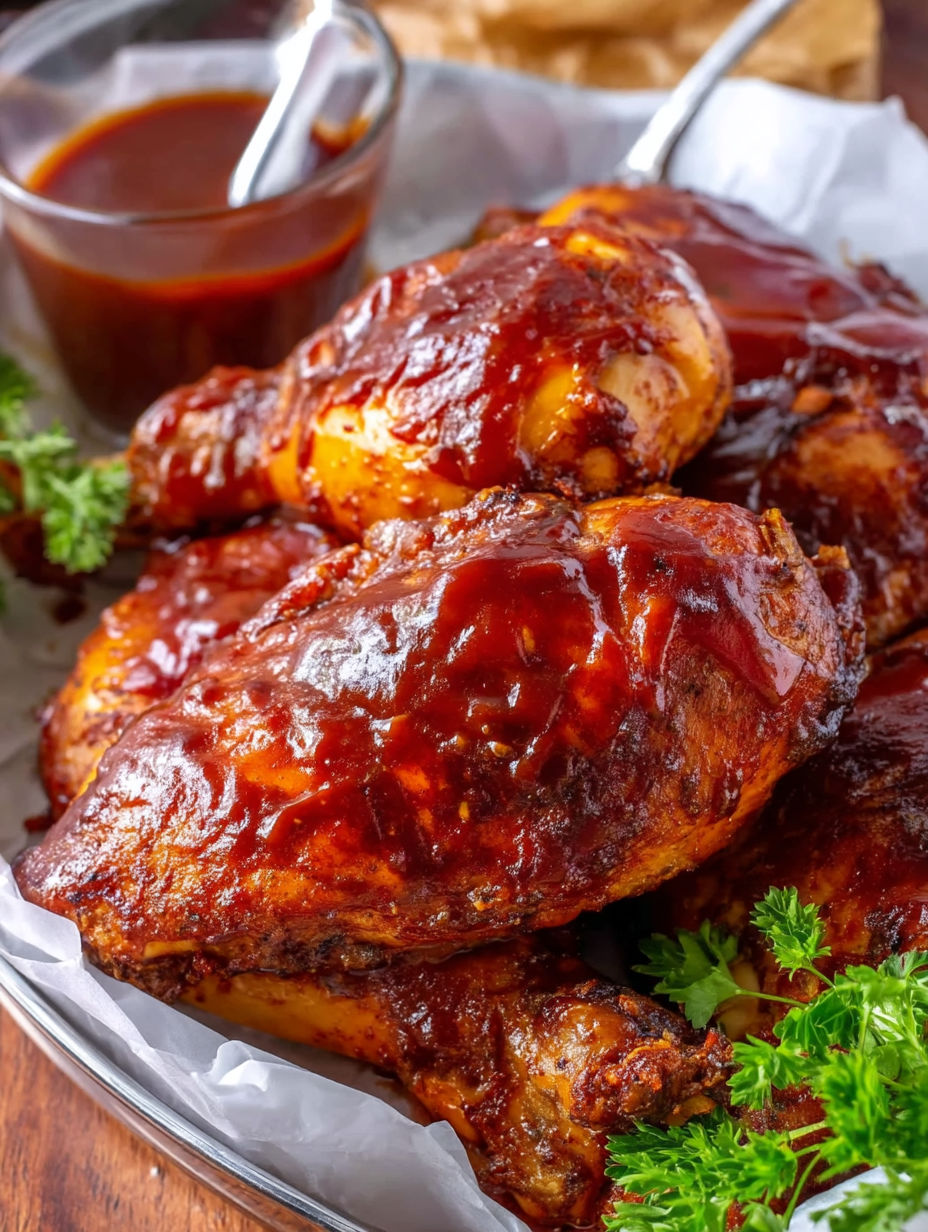 A plate of BBQ chicken with a sauce.