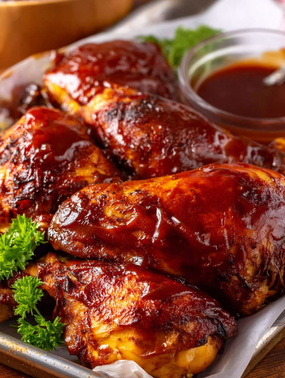 A close up of BBQ chicken with sauce.