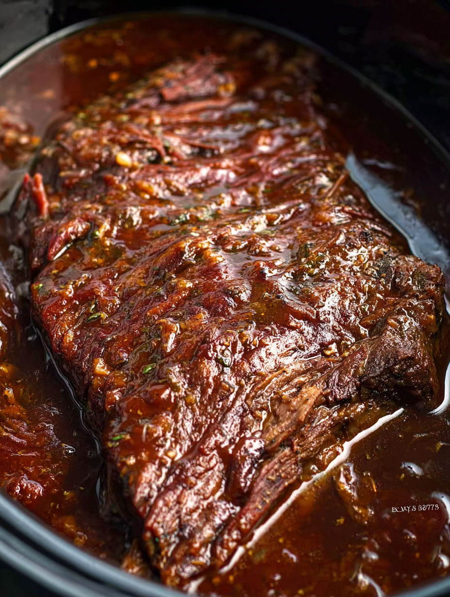 A crock pot filled with BBQ beef brisket.