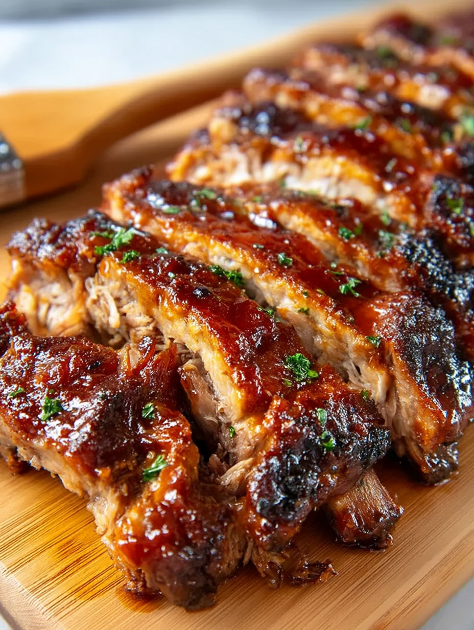 A close up of ribs on a wooden cutting board.