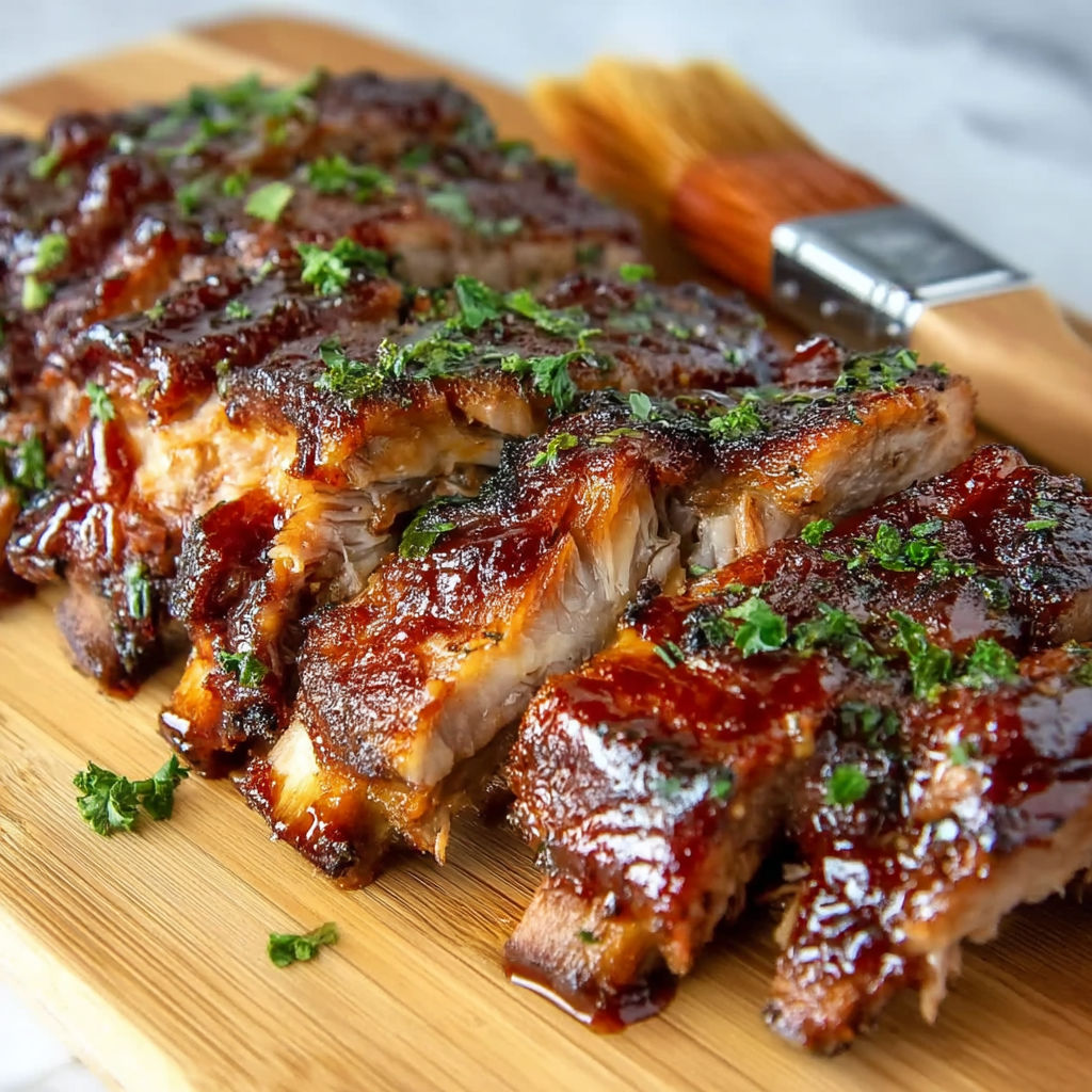 A plate of ribs with a wooden spoon on the side.