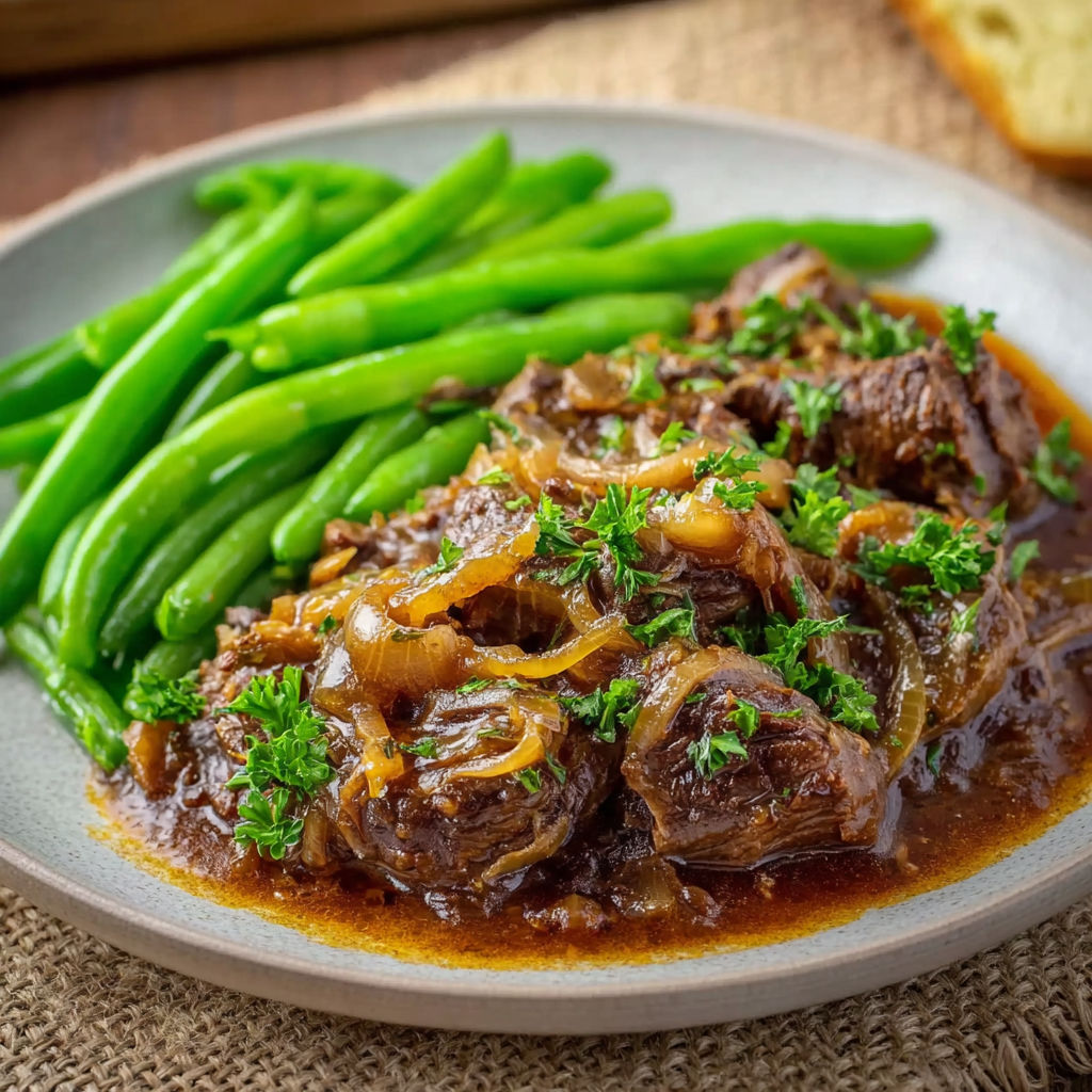 A plate of beef tips and green beans.