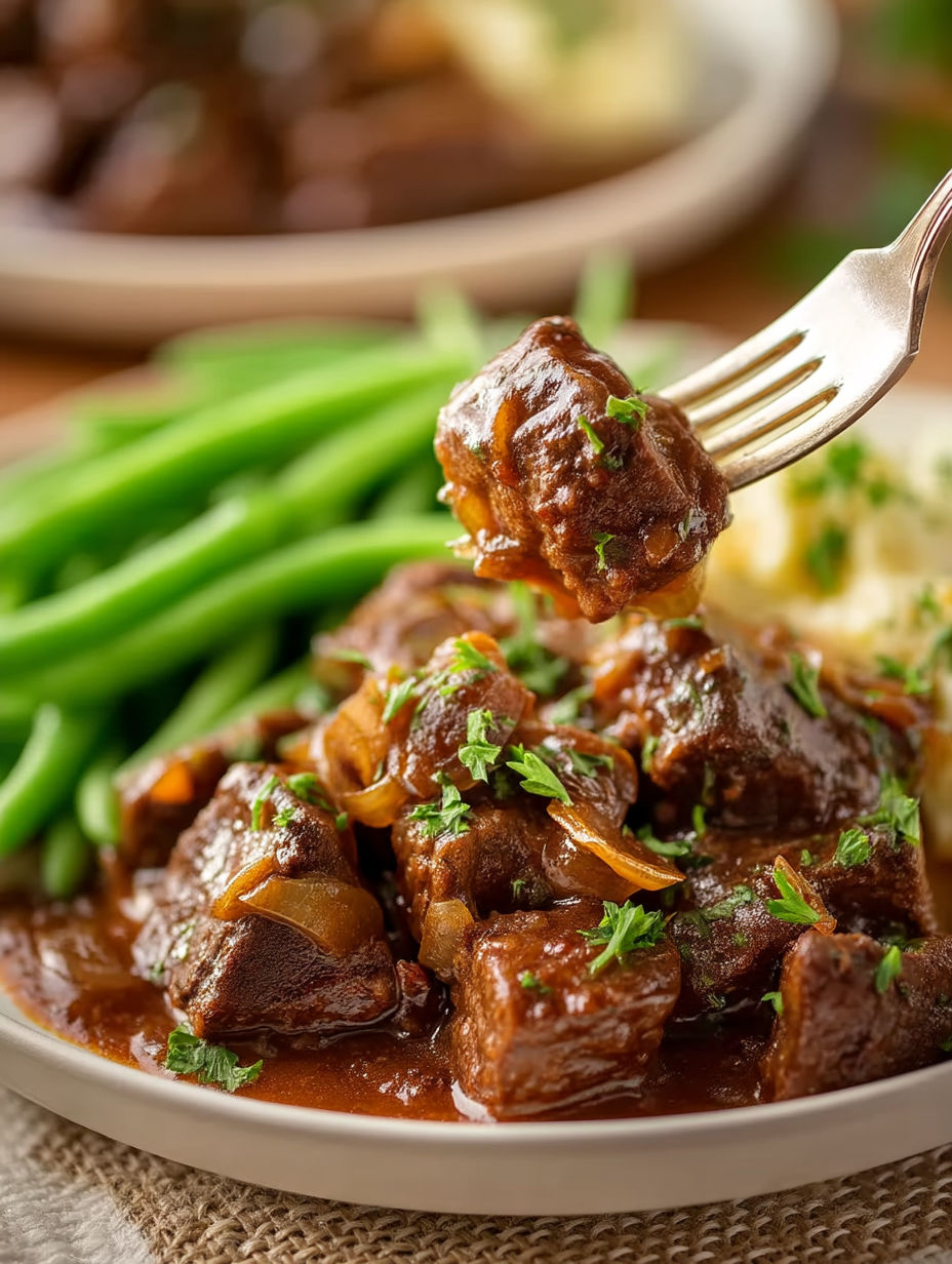 A fork is being used to serve a delicious crock pot French onion beef tips.