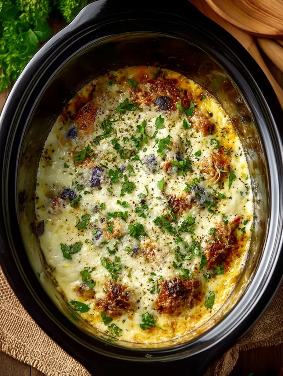A crock pot filled with French onion beef tips.