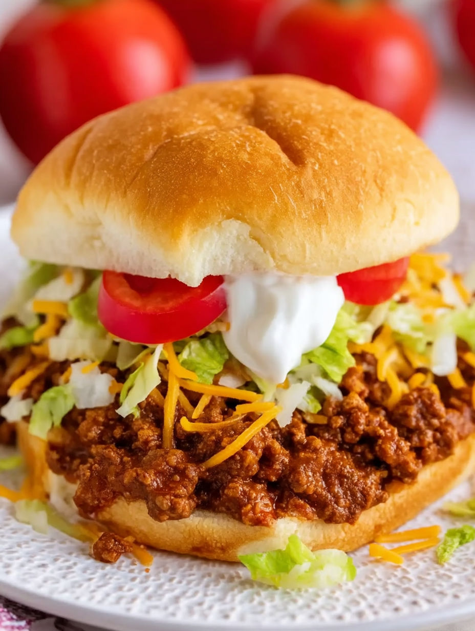 A sloppy joe sandwich with lettuce and tomato.
