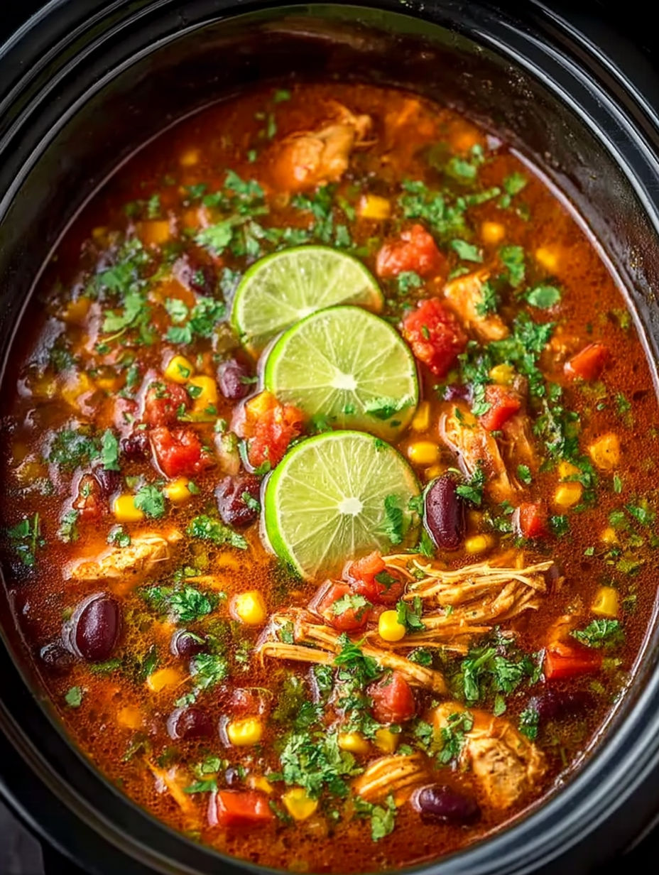 A close up of a crockpot with a chicken enchilada soup.