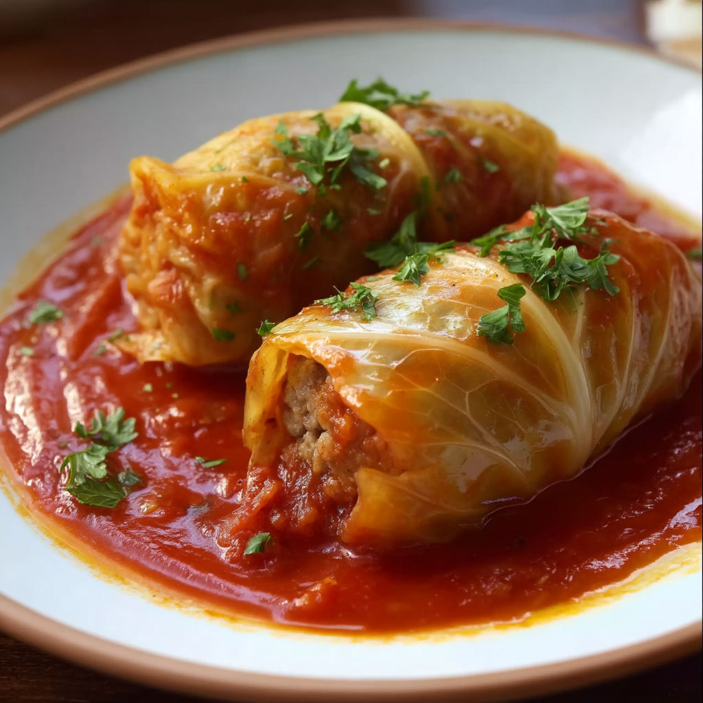 Two cabbage rolls with meat and sauce.
