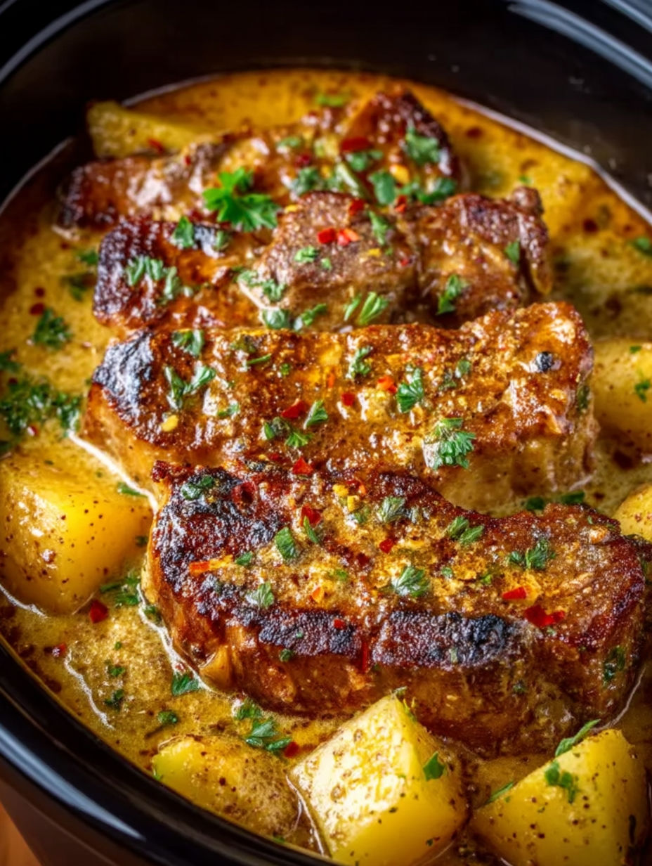 A close up of a crock pot with pork chops and potatoes.