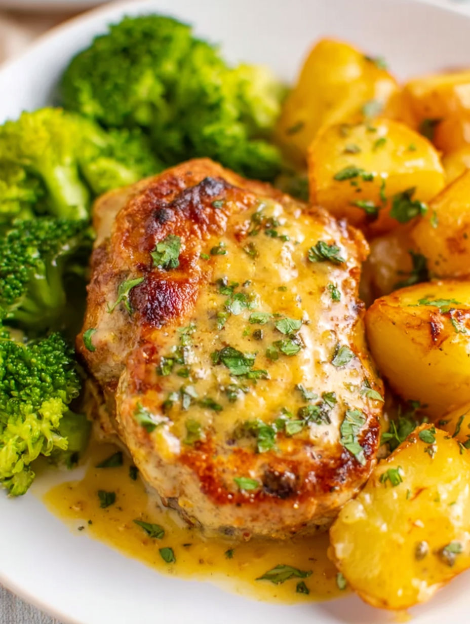 A plate of food with chicken, potatoes, and broccoli.