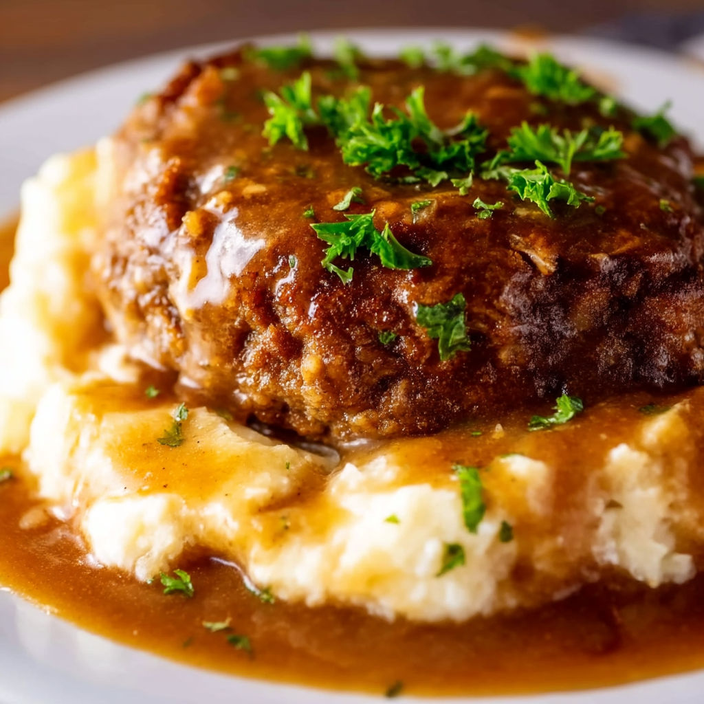A close up of a delicious looking steak with gravy.