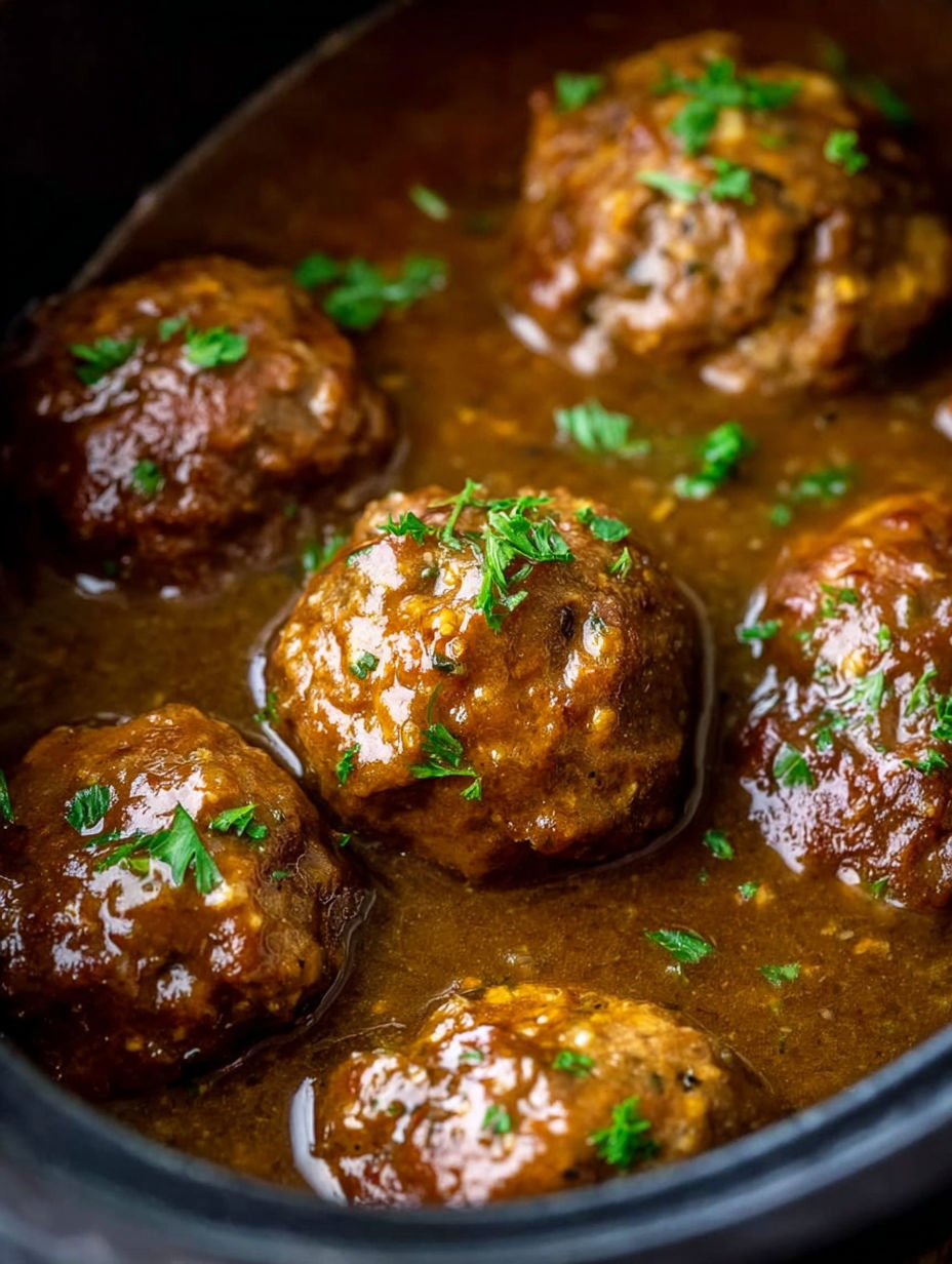 A pot of slow cooker salisbury steak.