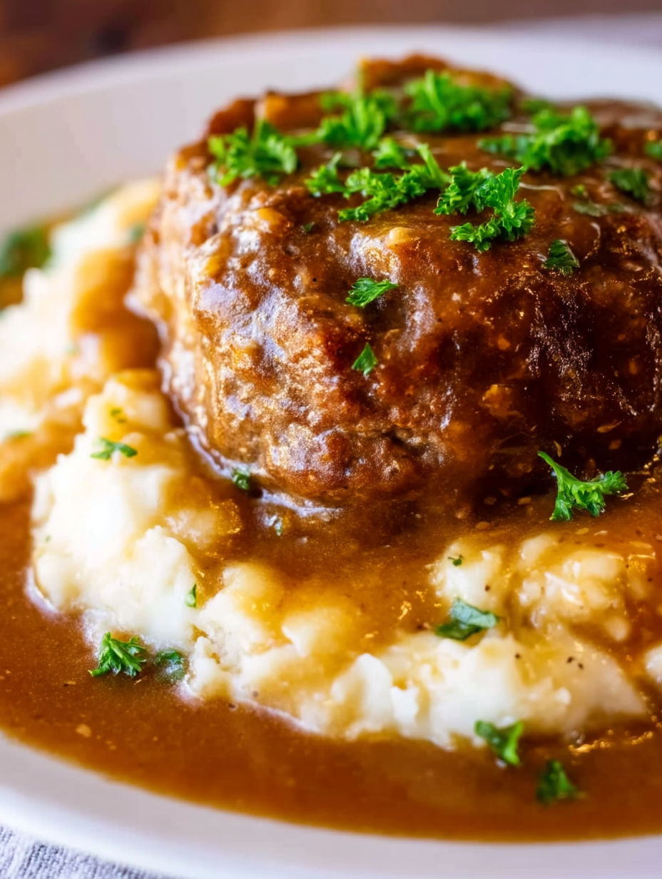 A close up of a delicious looking slow cooker salisbury steak.