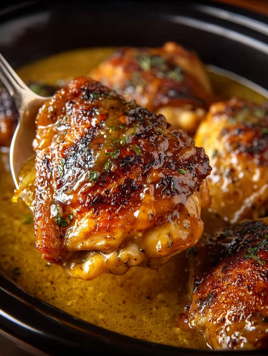 Chicken thighs in a crock pot with gravy.