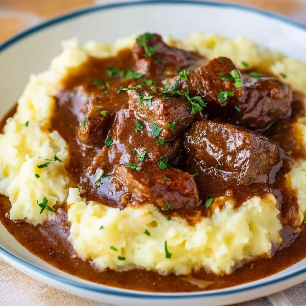 A plate of food with meat and gravy.