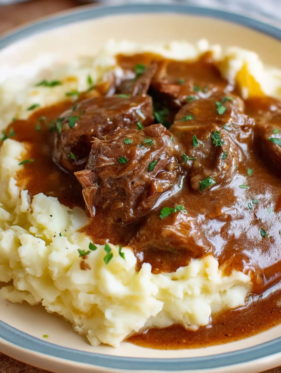 A plate of food with meat and gravy.