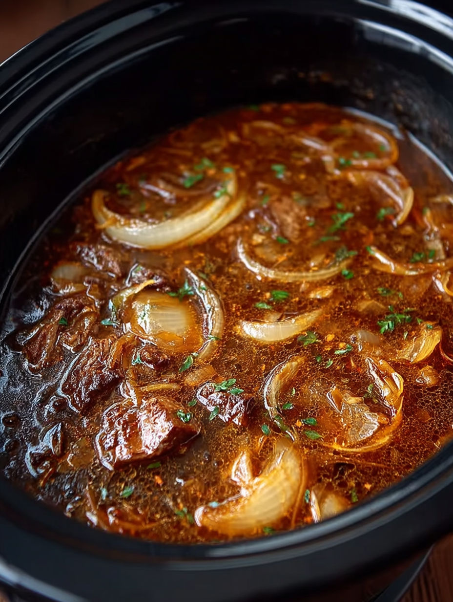 A crock pot filled with steak and gravy.
