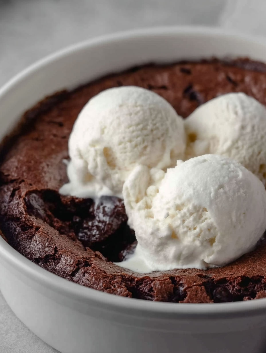 A bowl of chocolate cake with ice cream on top.