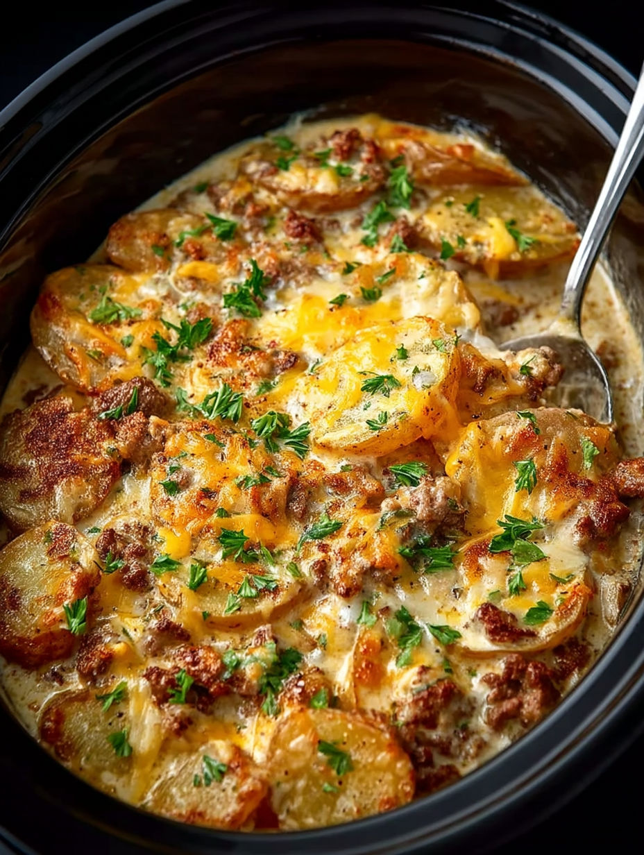 A close up of a crock pot with a potato hamburger casserole.