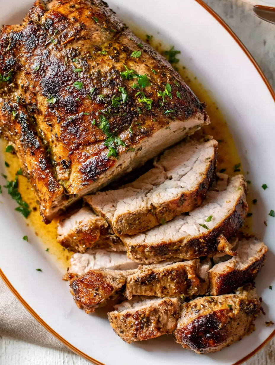 A plate of pork with herbs on it.