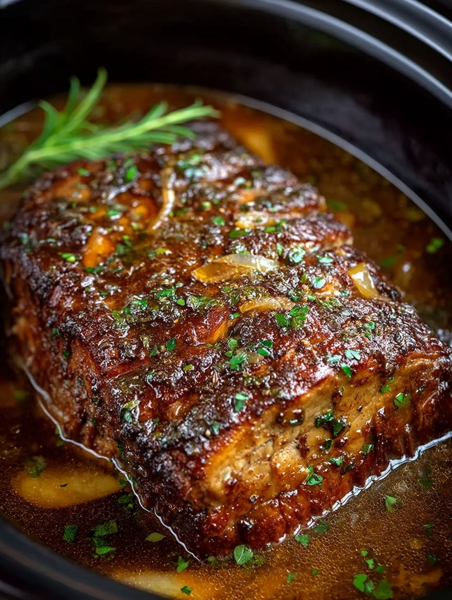 A close up of a pork loin in a crock pot.
