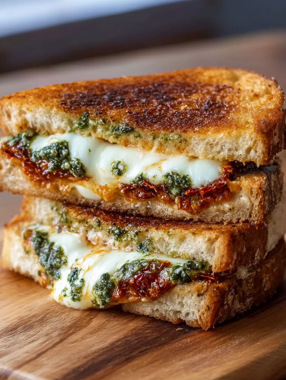 A sandwich with sun-dried tomato pesto and grilled cheese.